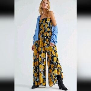 Free People Yellow and Black Floral Jumpsuit